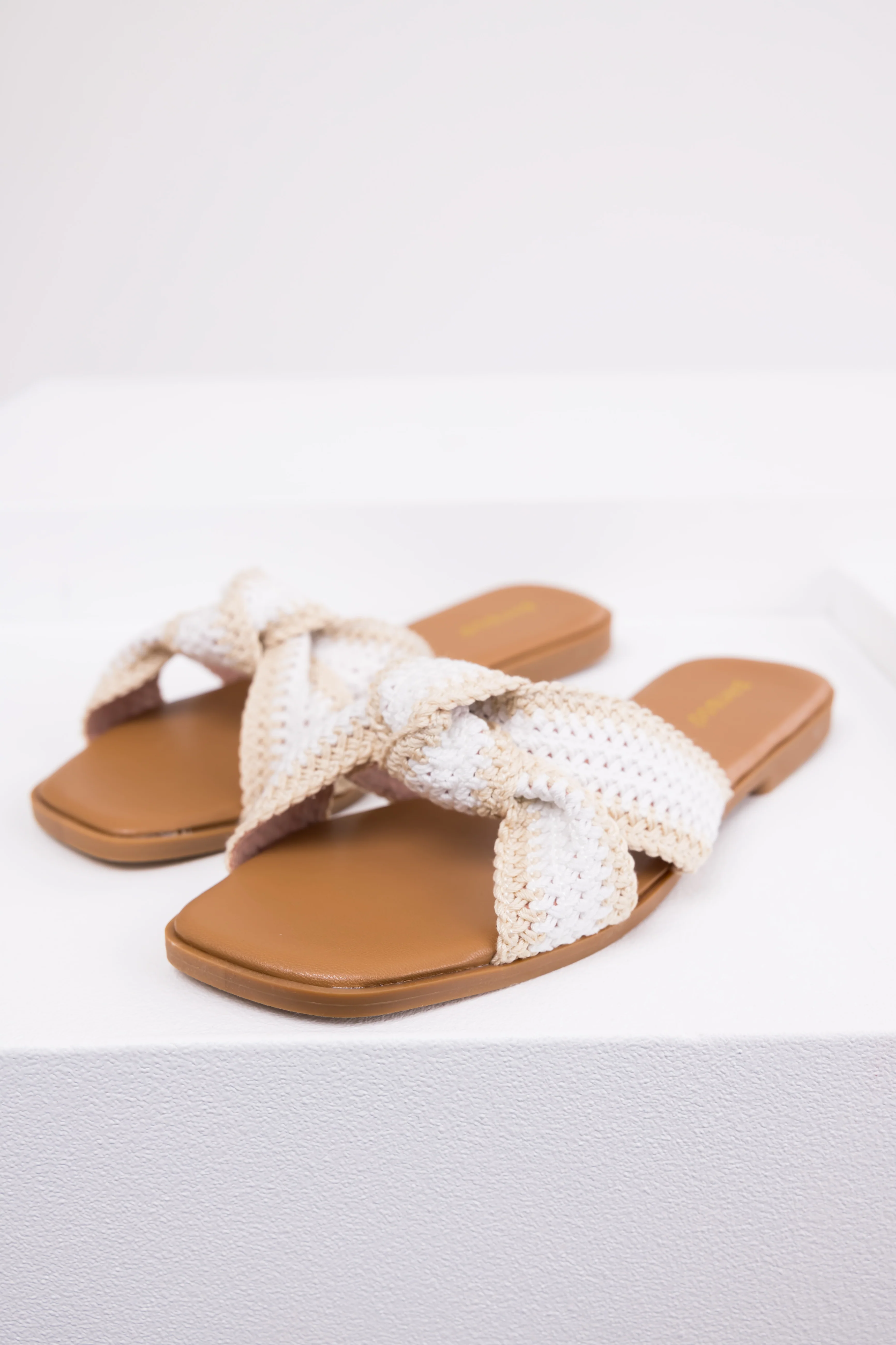 Cream Knit Strap Open Toe Flat Sandals - LD SALE