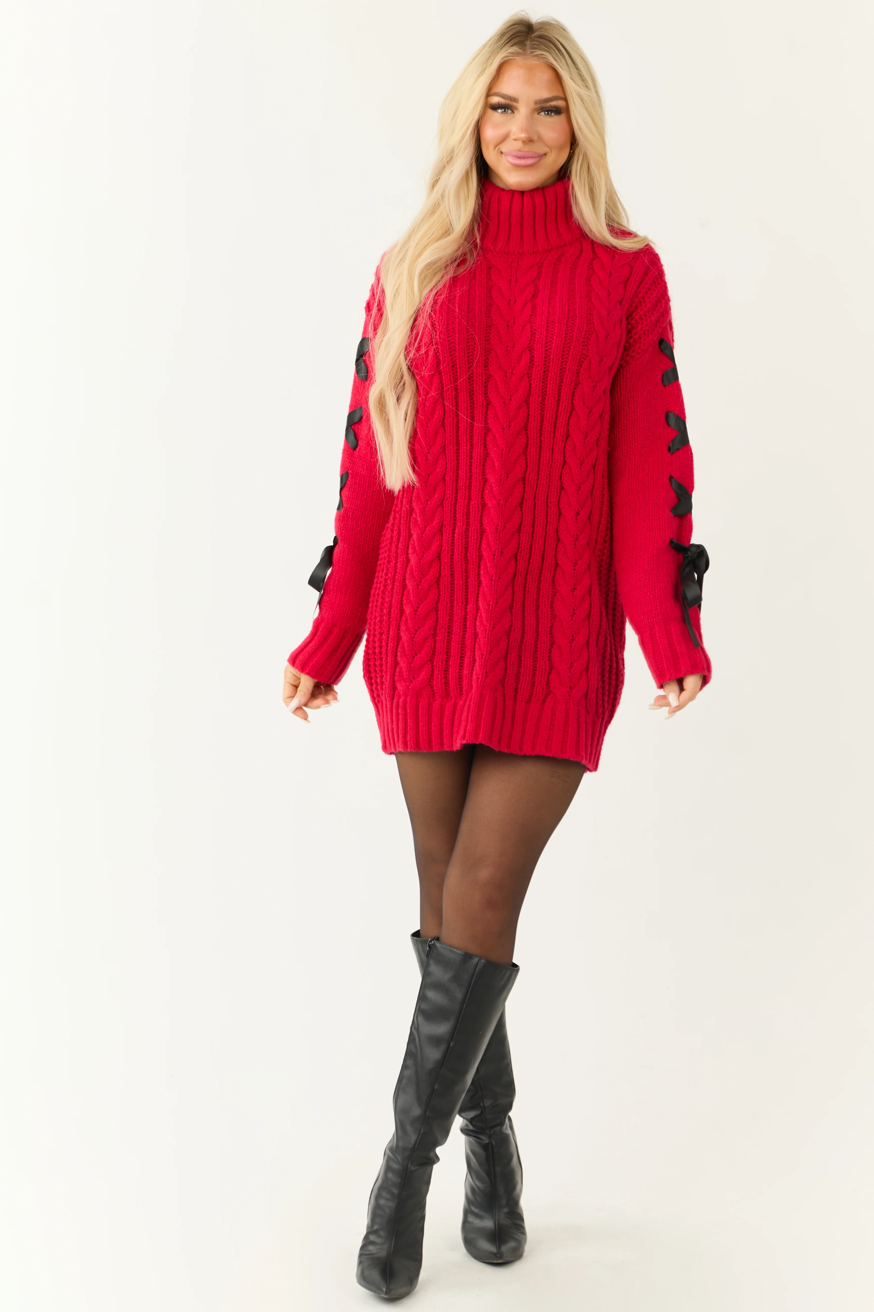 Ruby Cable Knit Ribbon Sleeve Mini Sweater Dress - LD SALE