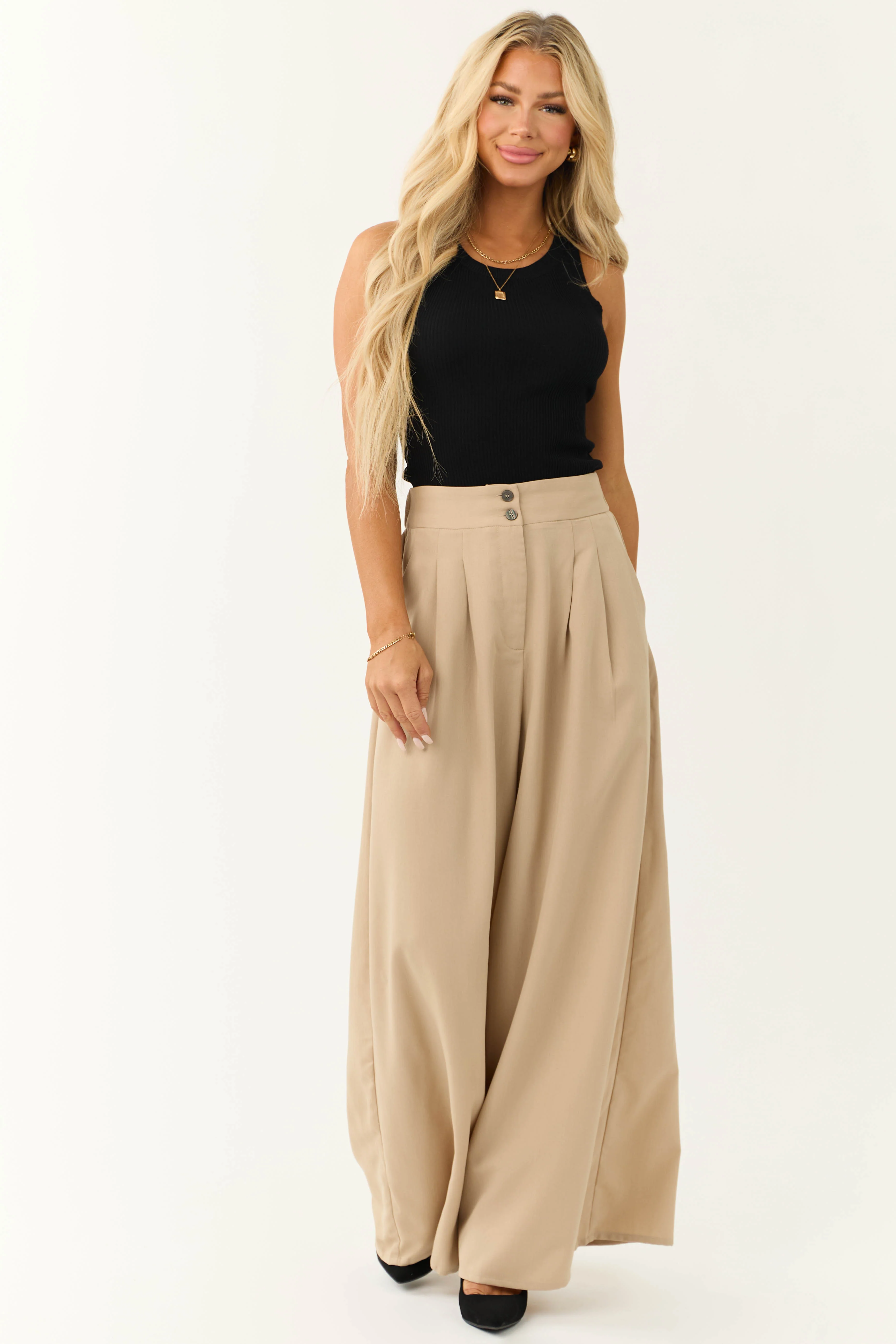 Camel Pleated Wide Leg High Waist Pants - LD SALE