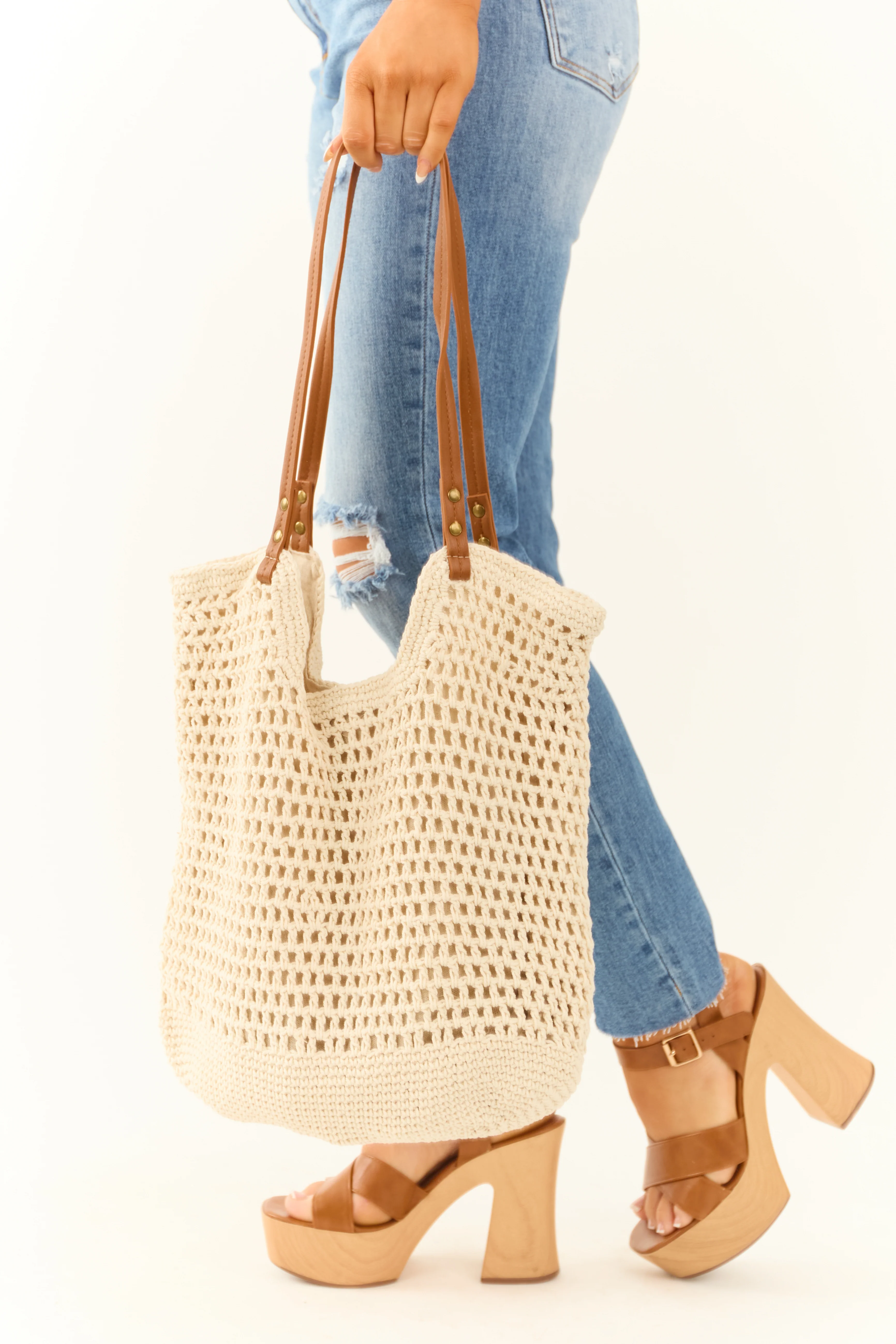 Vanilla Crochet Tote Bag with Faux Leather Handle - LD SALE