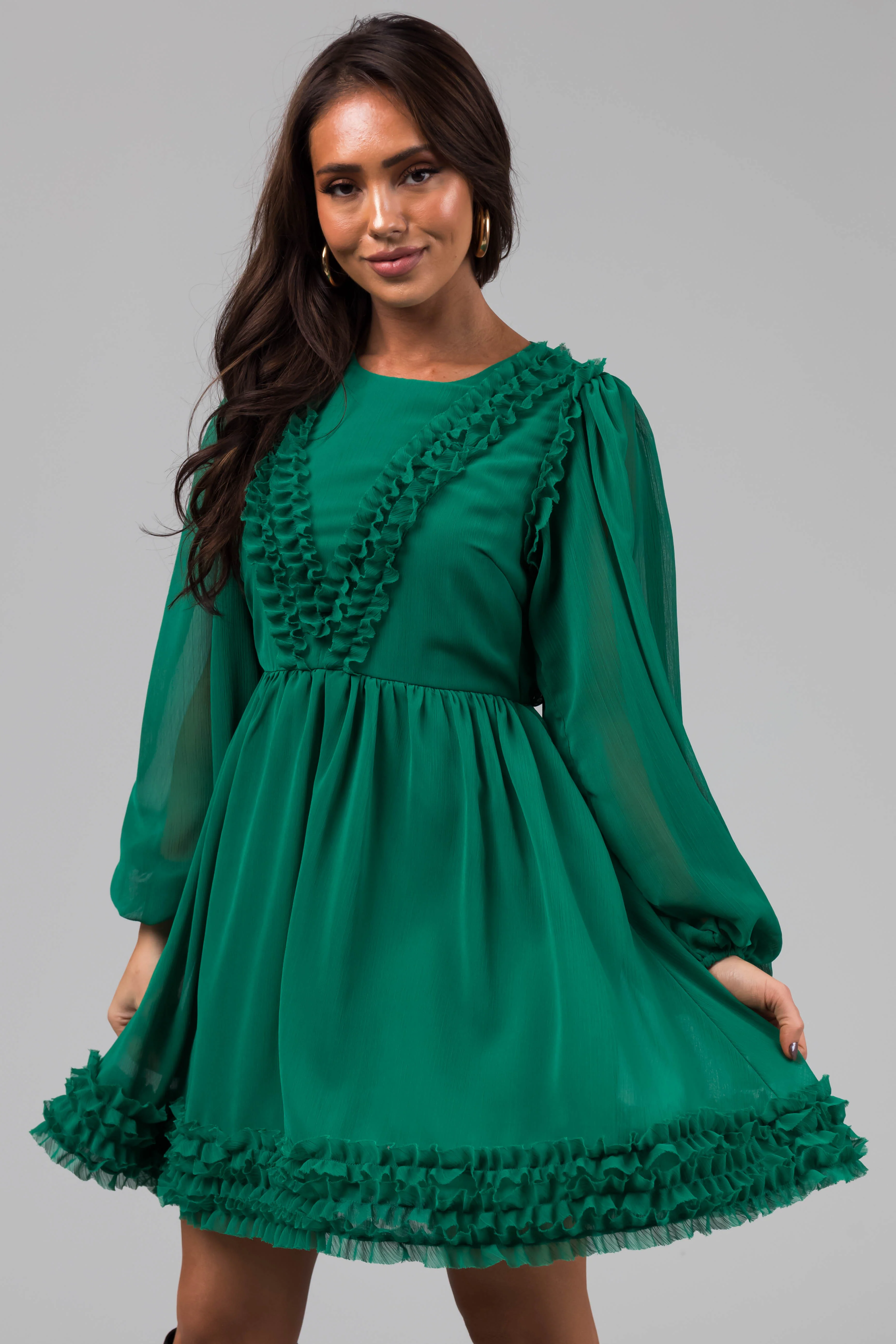Jade Long Sleeve Ruffle Detail Short Dress - LD SALE