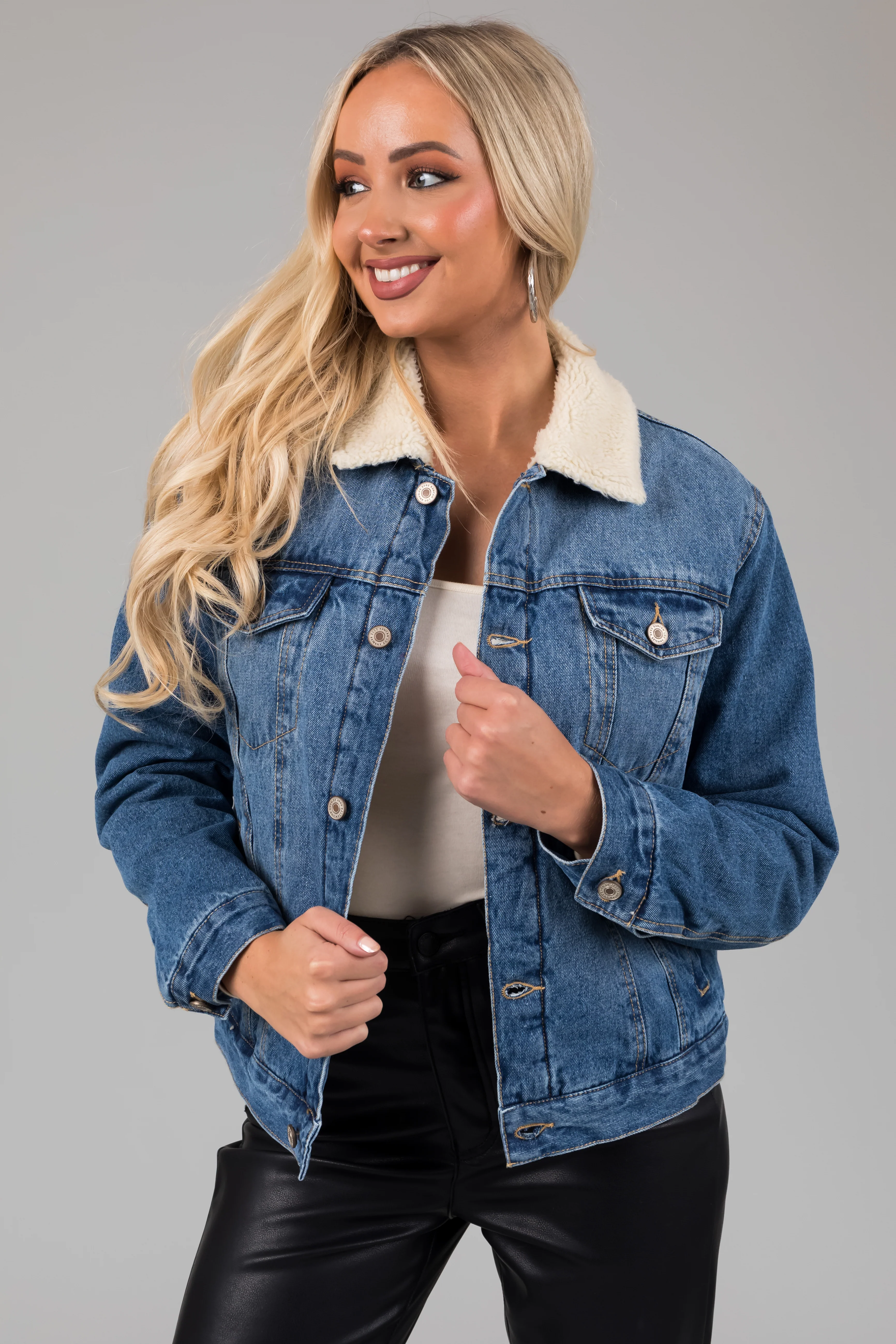 KanCan Medium Wash Long Sleeve Denim Jacket - LD SALE