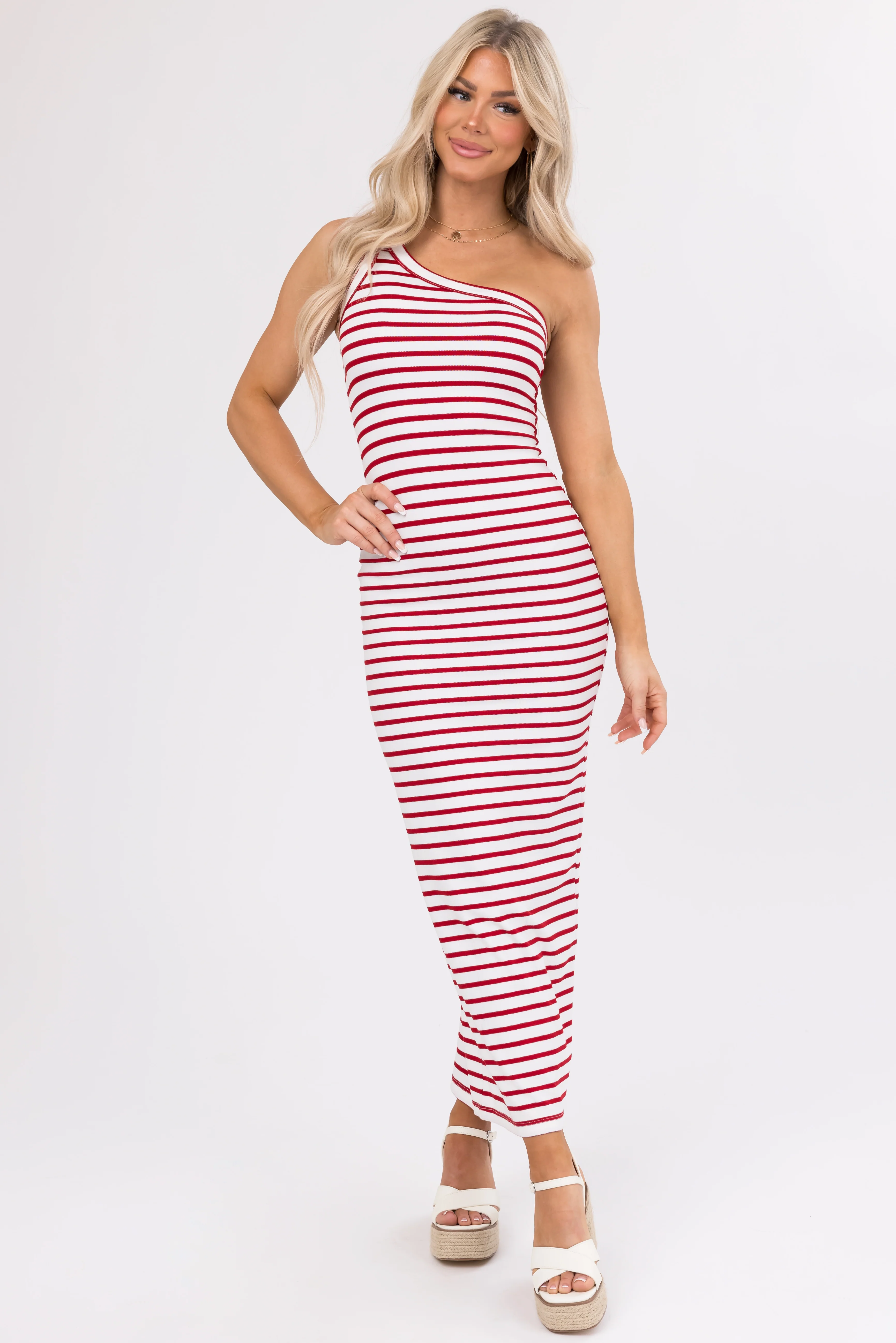 Cherry and White Striped One Shoulder Dress - LD SALE