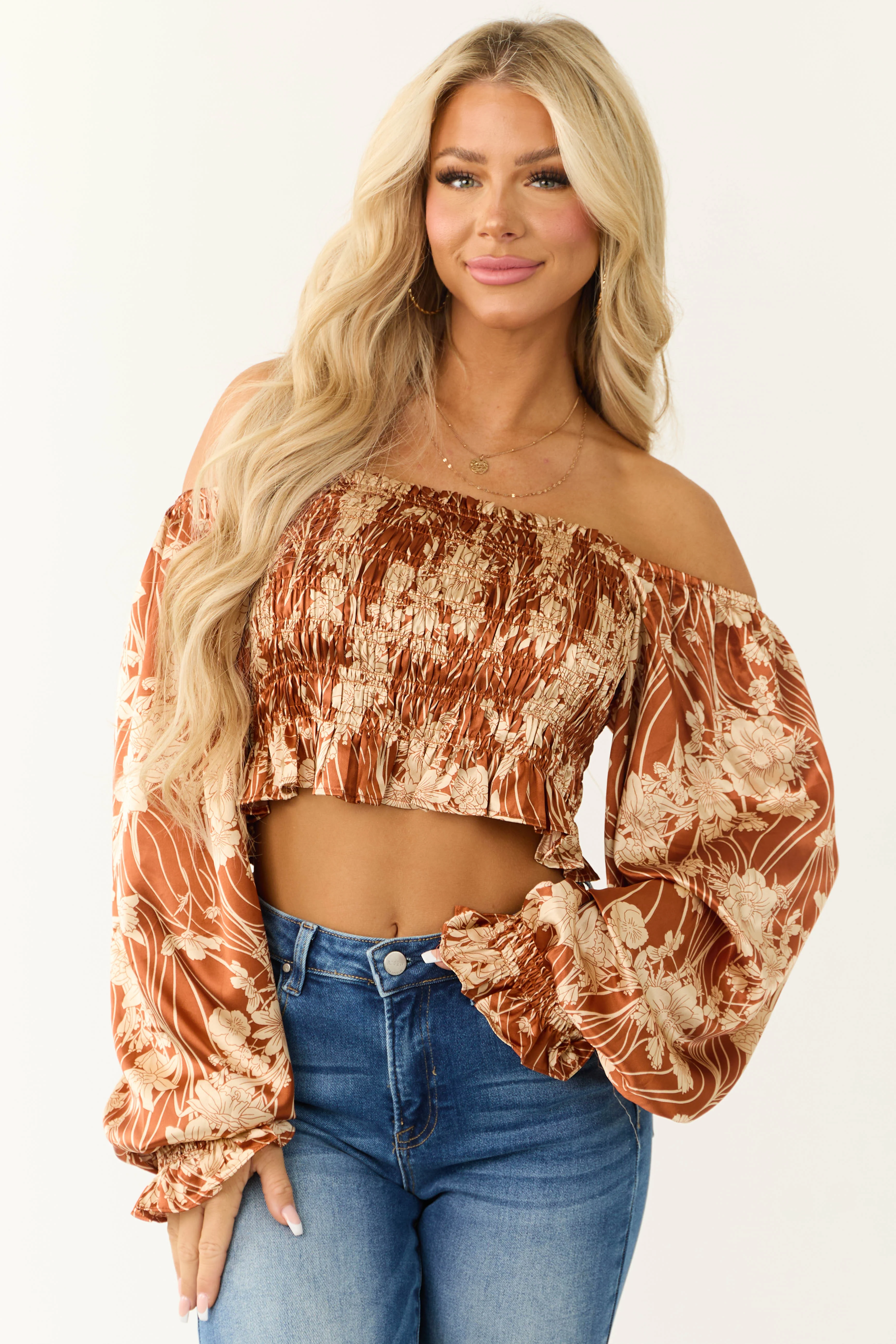 Rich Tawny Floral Print Silky Blouse - LD SALE