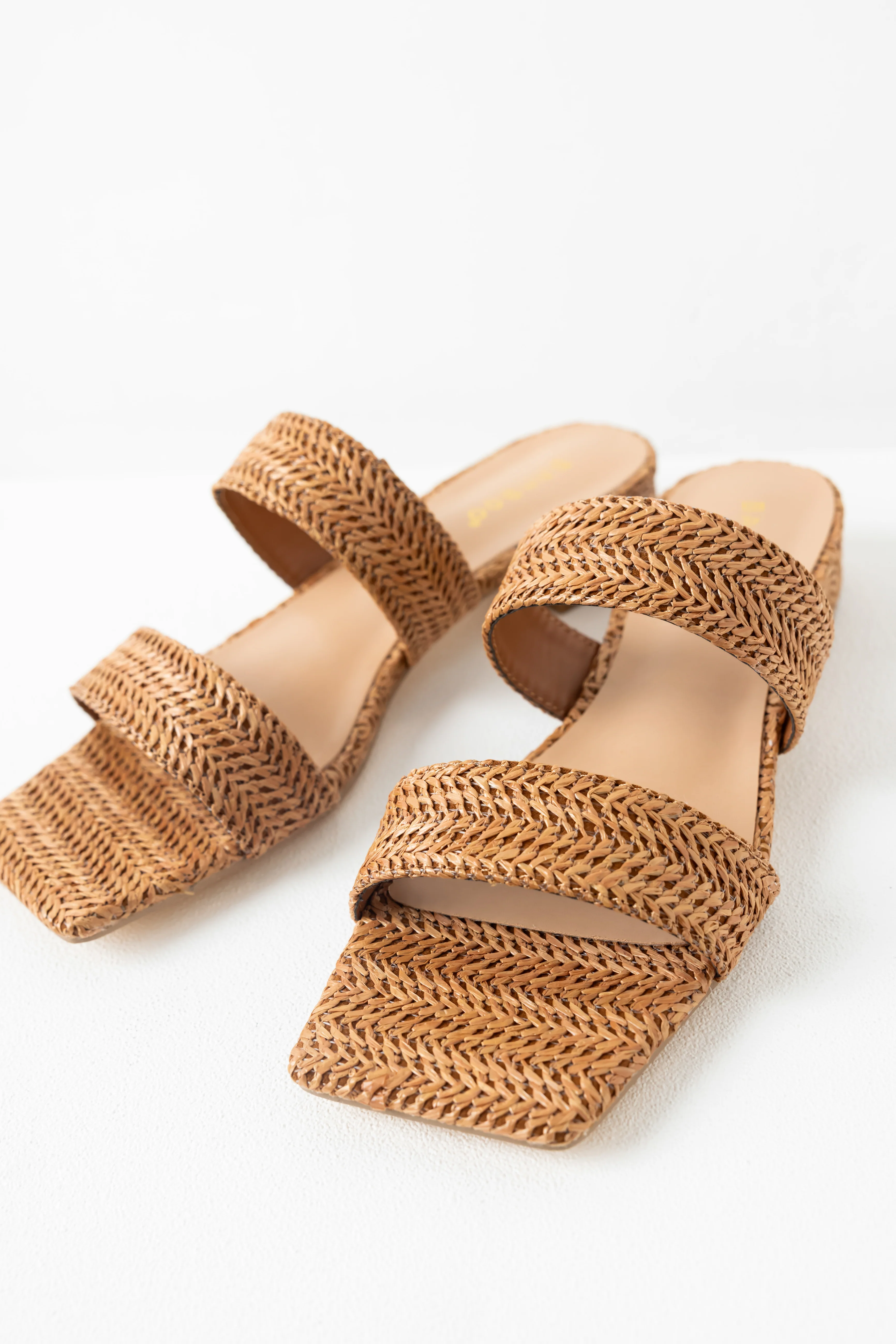Cognac Raffia Woven Low Heel Sandals - LD SALE