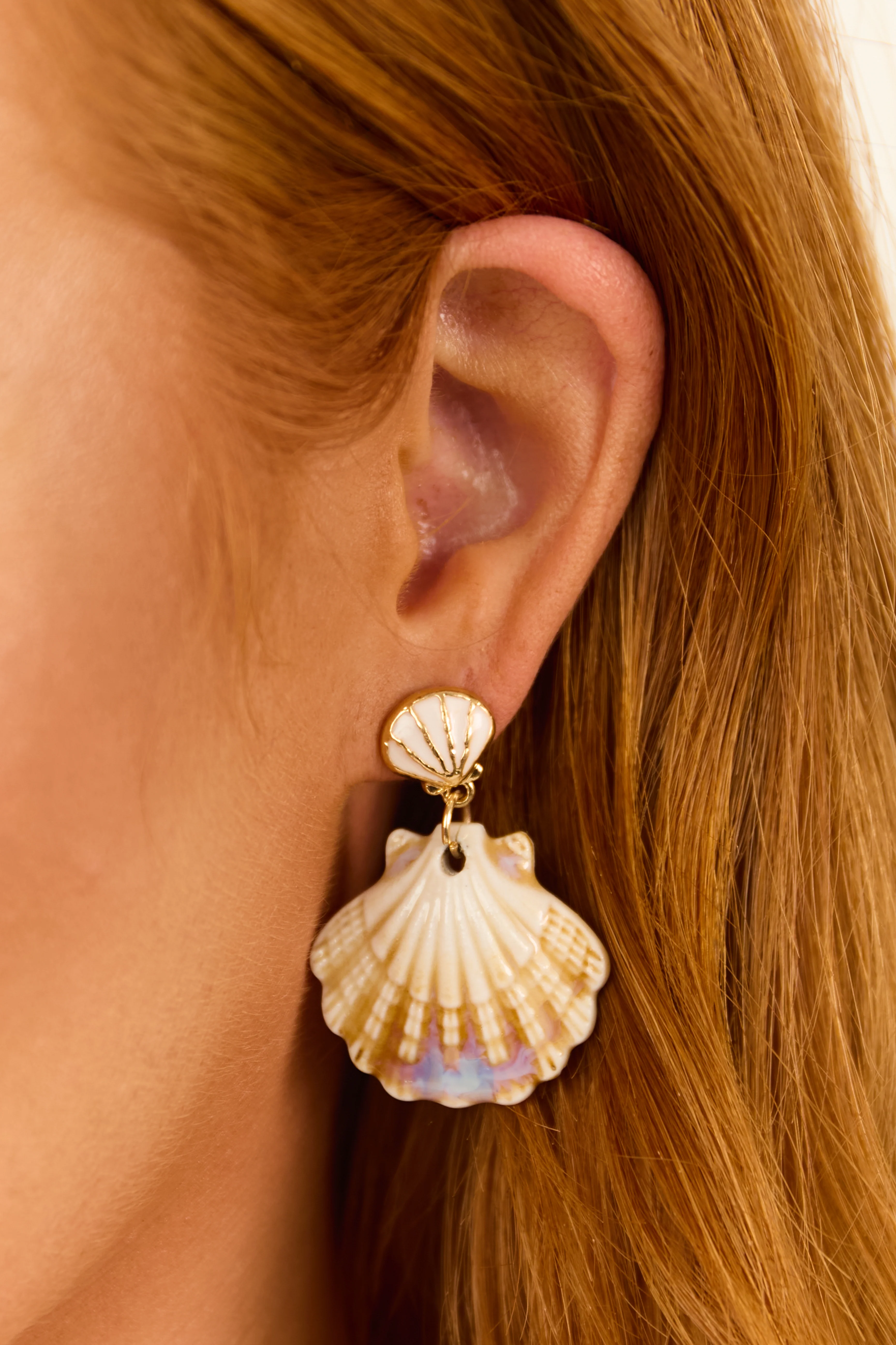 Ivory and Gold Double Clam Shell Dangle Earrings - LD SALE