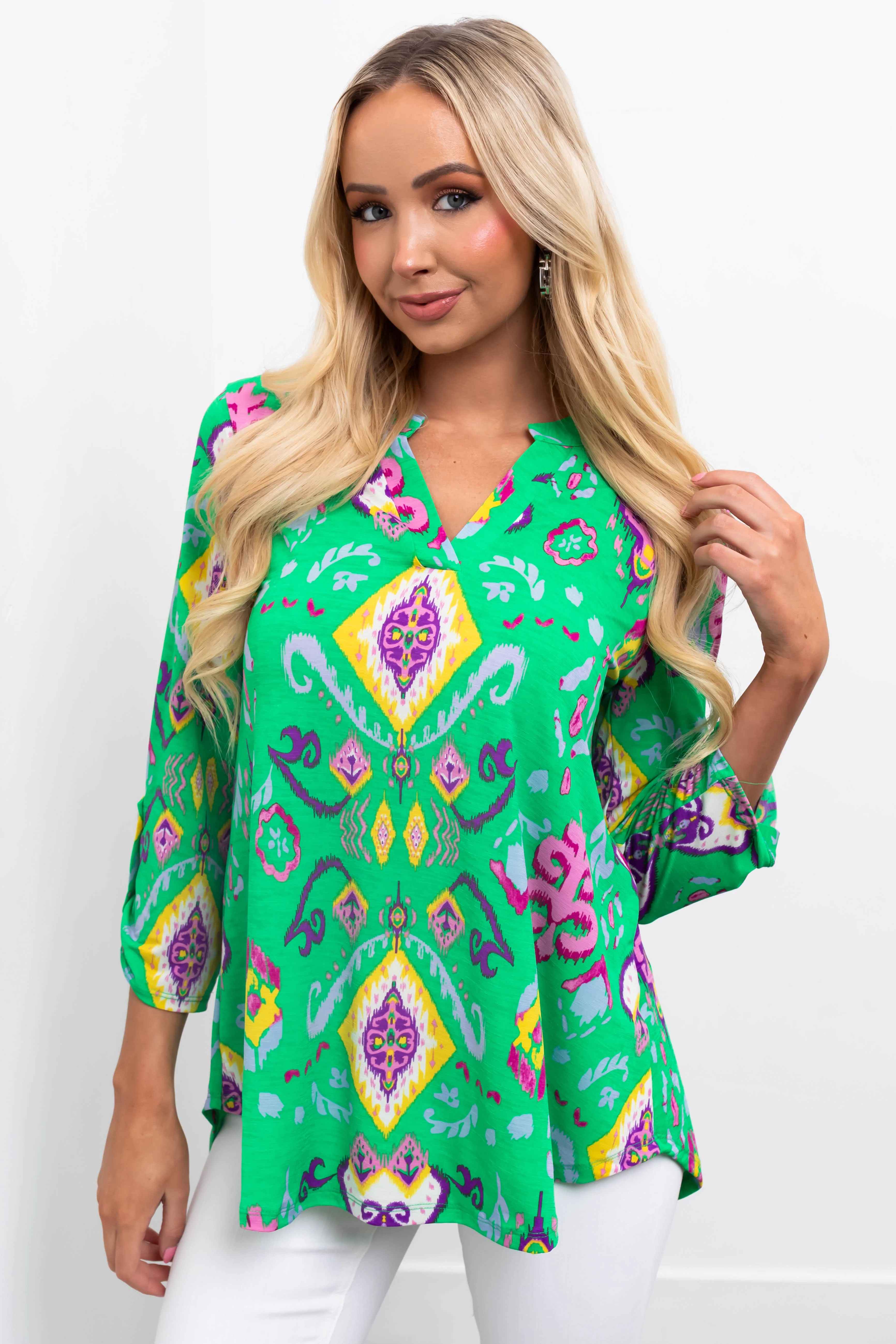 Kelly Green Printed 3/4 Sleeve Blouse - LD SALE