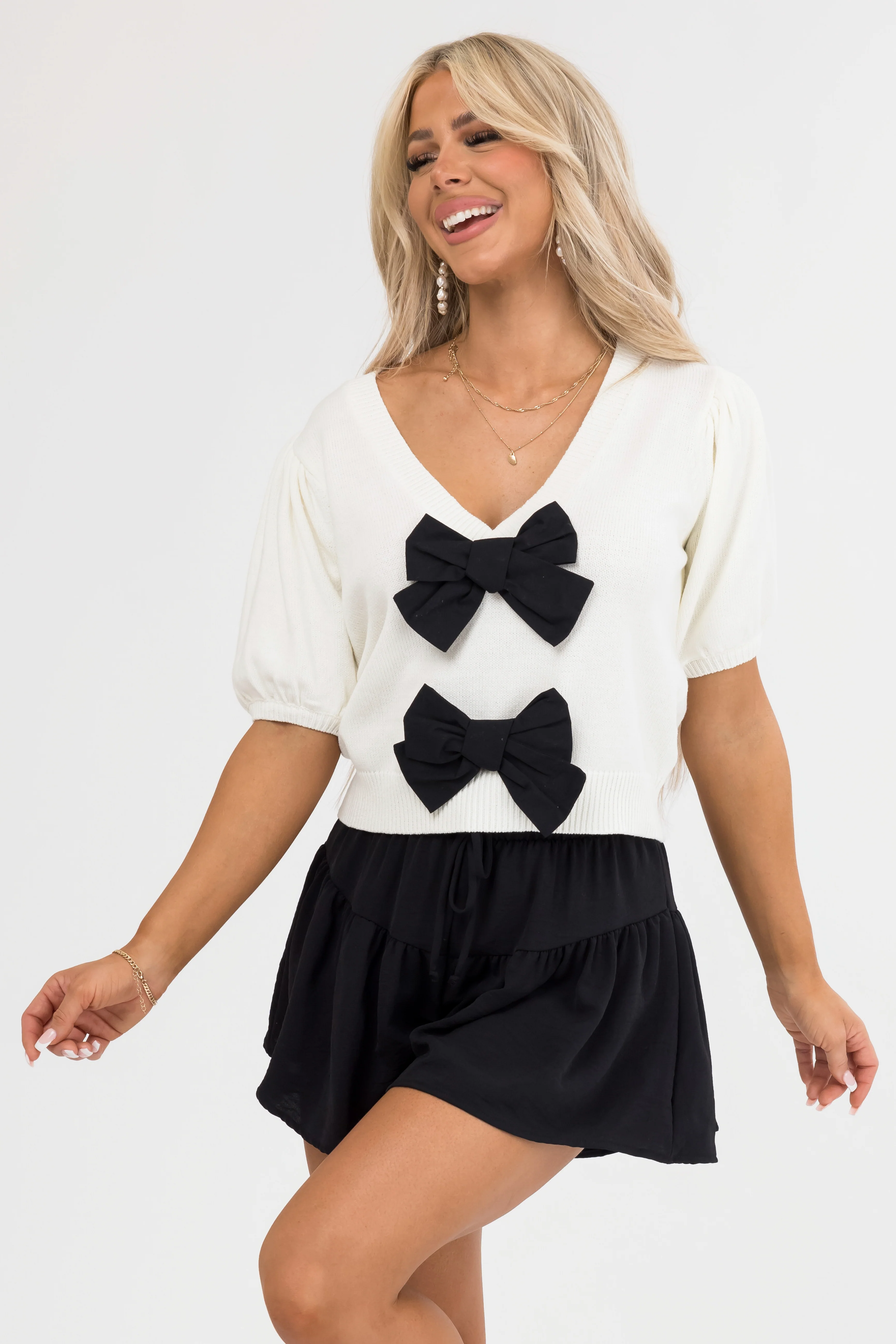 Cream and Black Bow Front Knit Top - LD SALE
