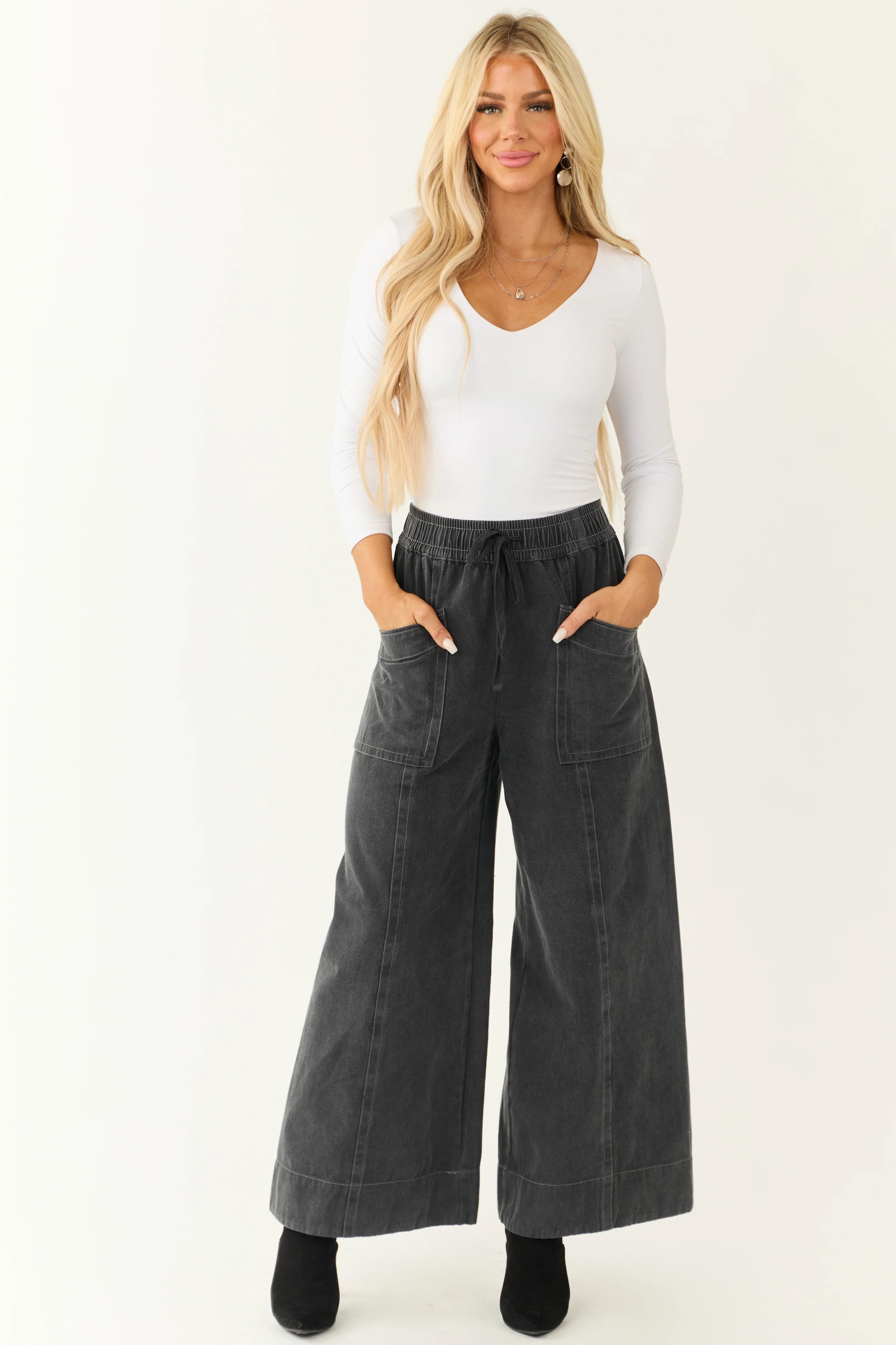 Charcoal Mineral Wash Elastic Waist Wide Leg Pants - LD SALE