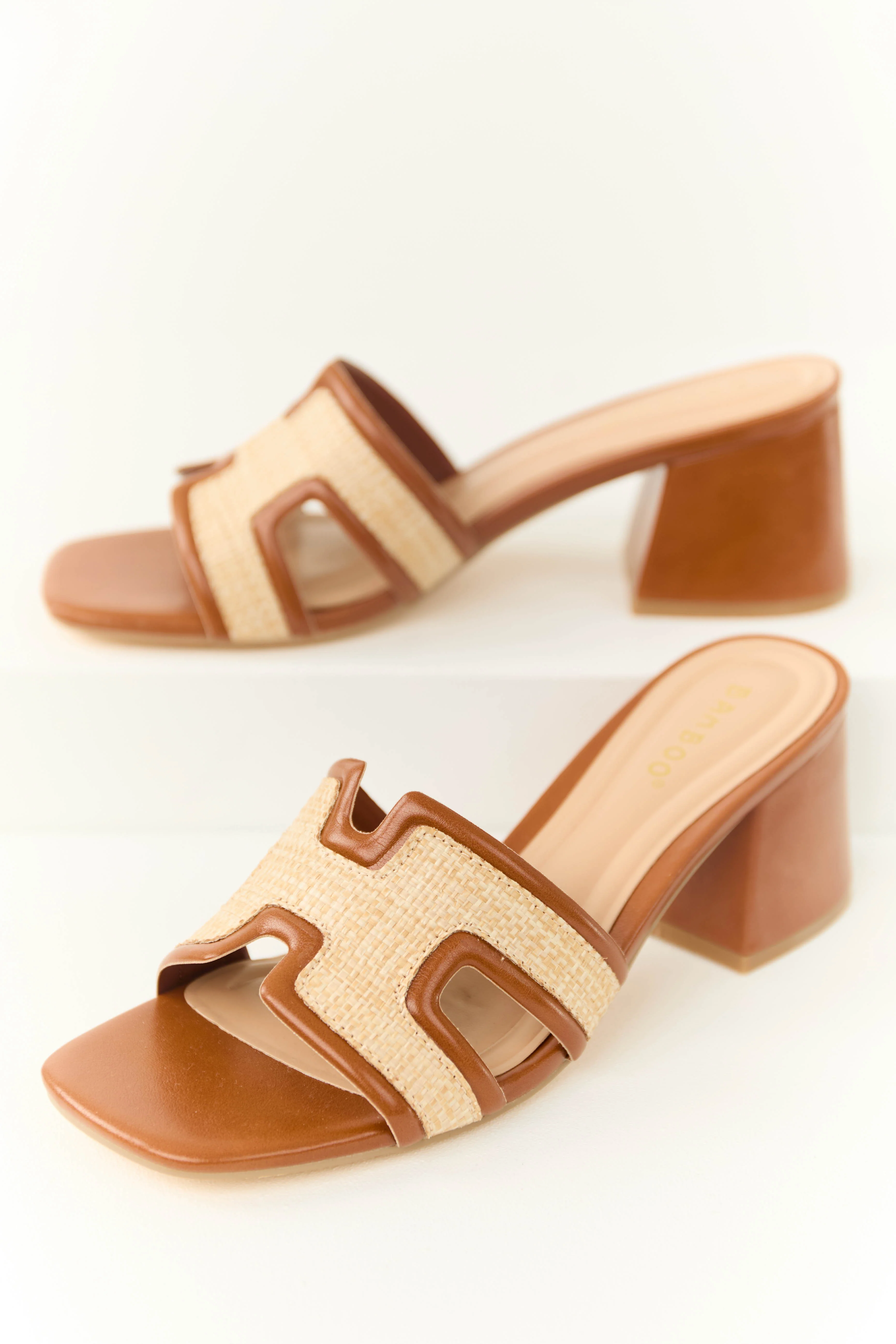 Caramel Slip On Raffia Cut Out Strap Block Heels - LD SALE