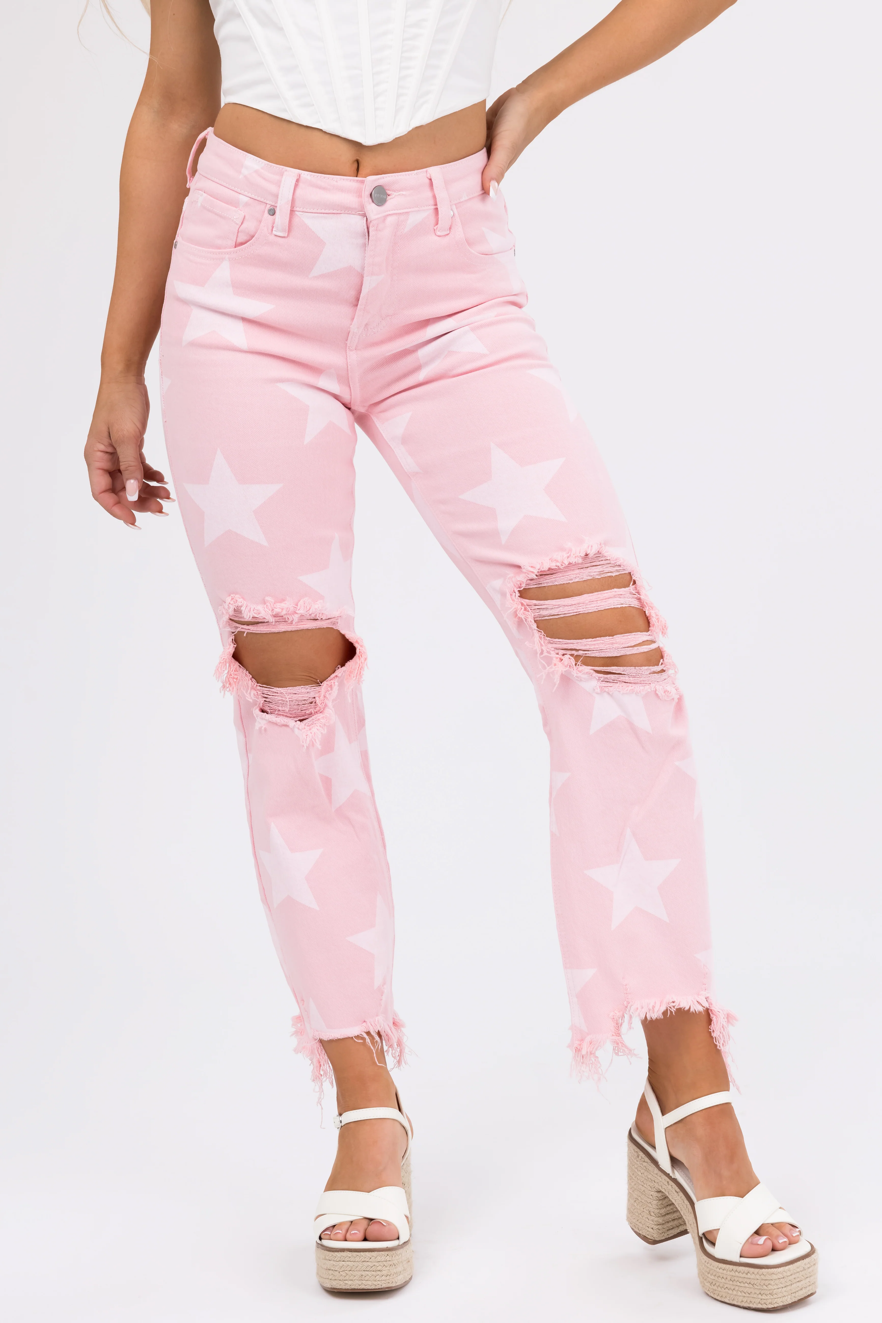 Risen Baby Pink Star Print High Rise Jeans - LD SALE