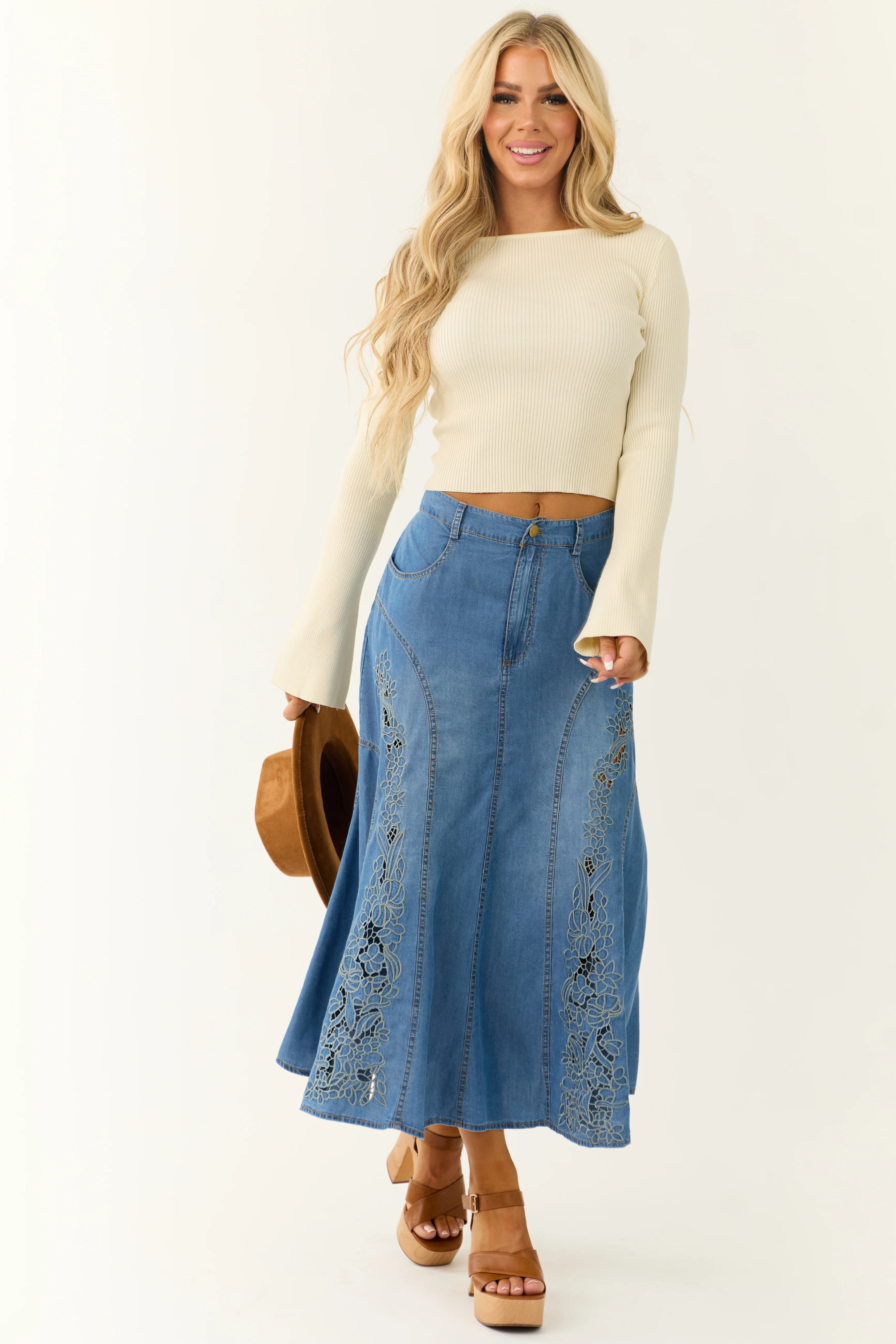 Medium Wash Denim Floral Embroidered Maxi Skirt - LD SALE