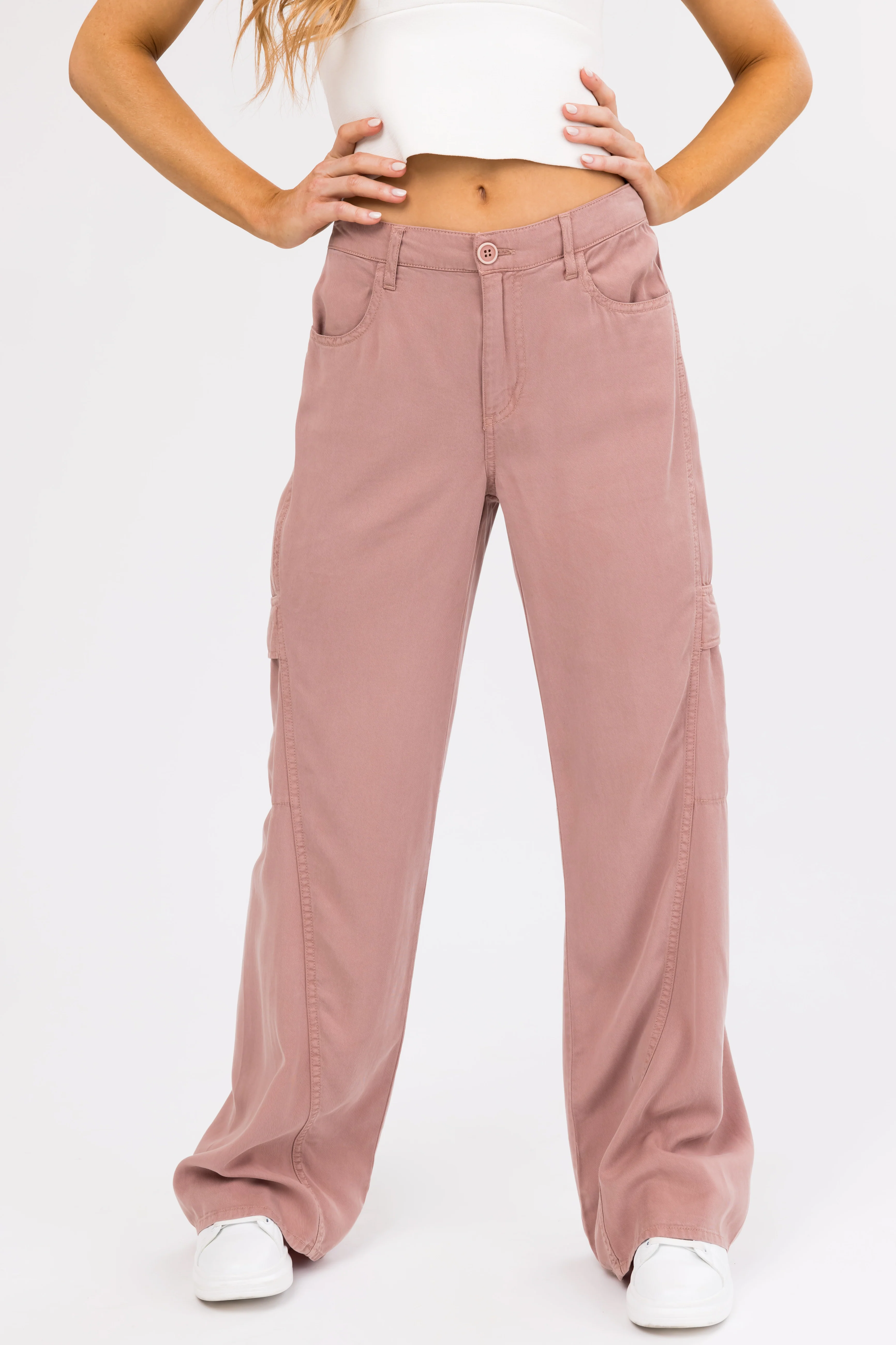 Risen Dusty Rose High Rise Tencel Cargo Pants - LD SALE
