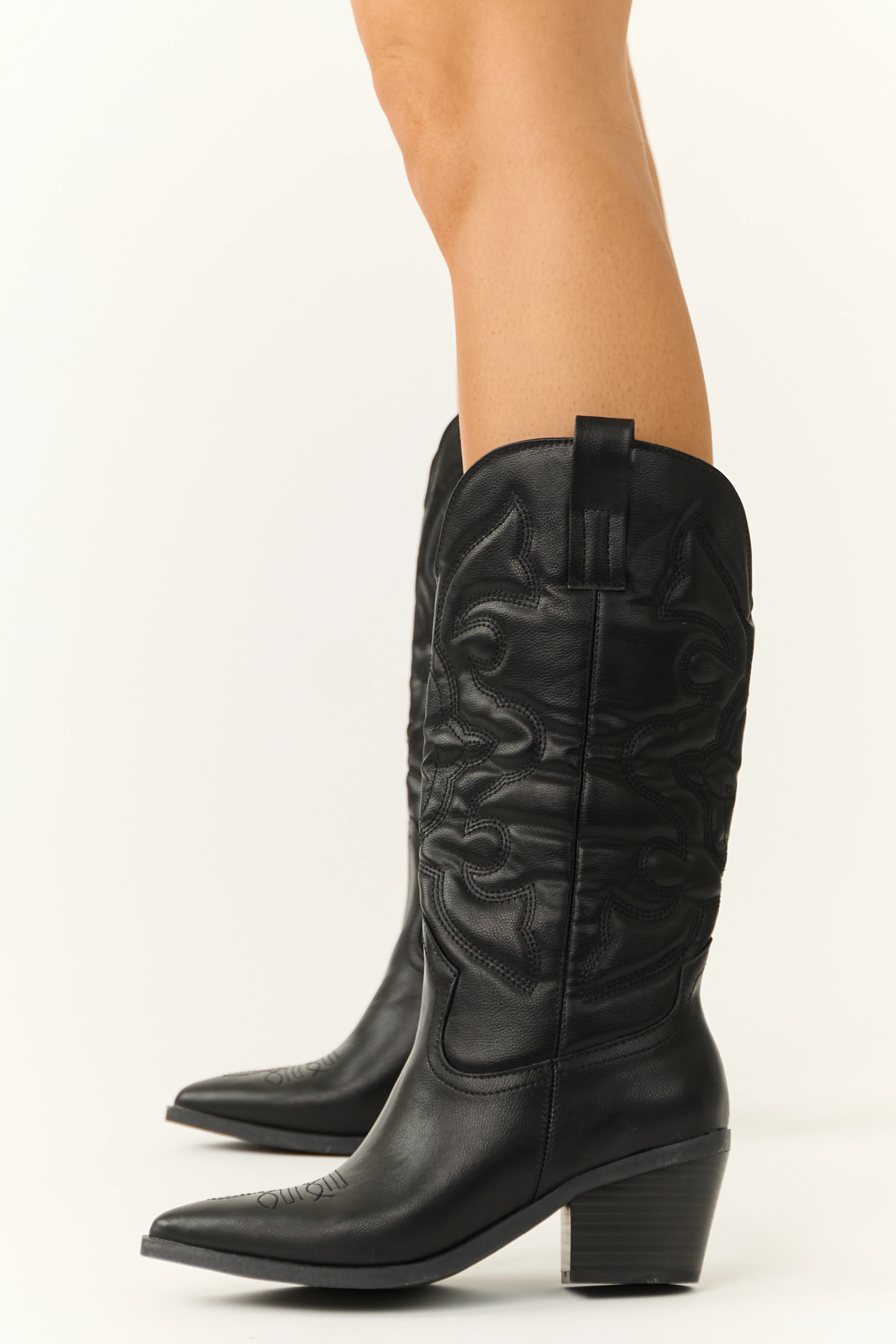 Black Faux Leather Pointed Toe Western Boots - LD SALE