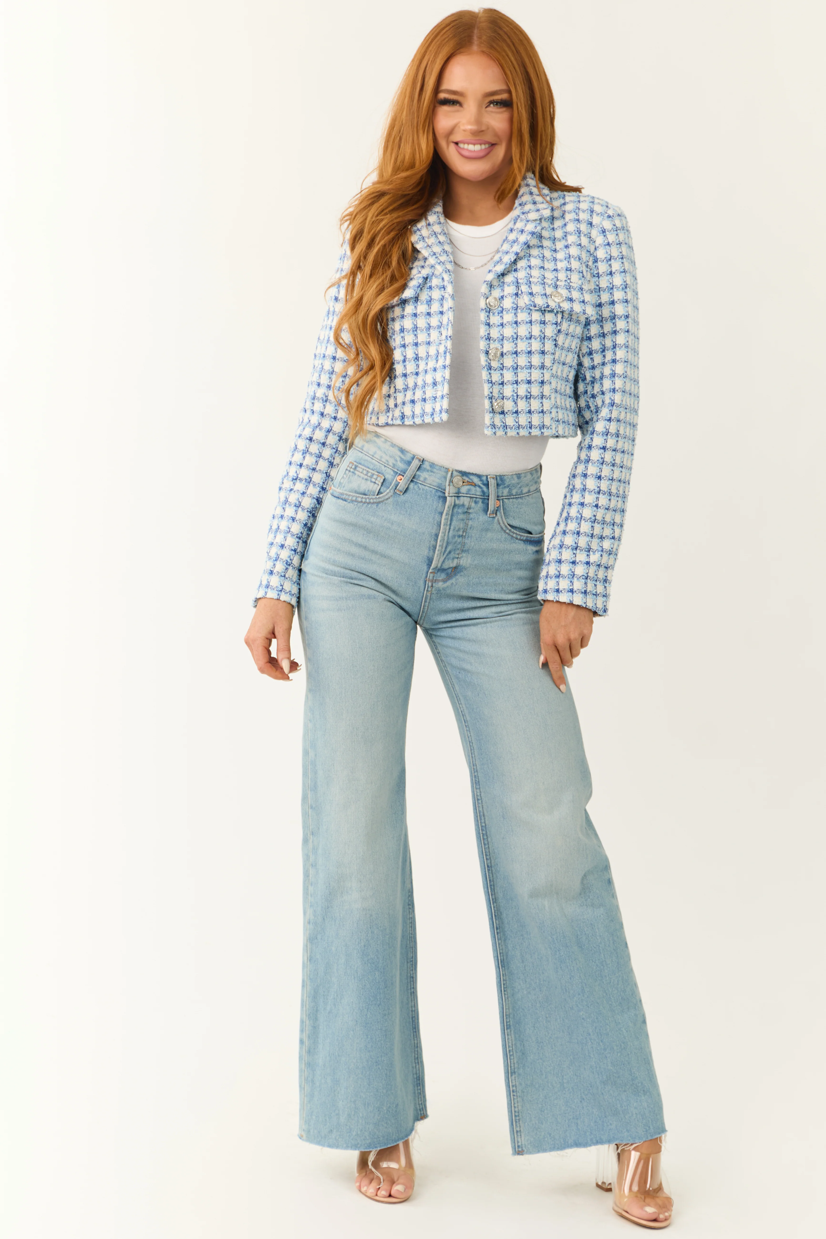Sky Blue Tweed Plaid Button Down Cropped Jacket - LD SALE