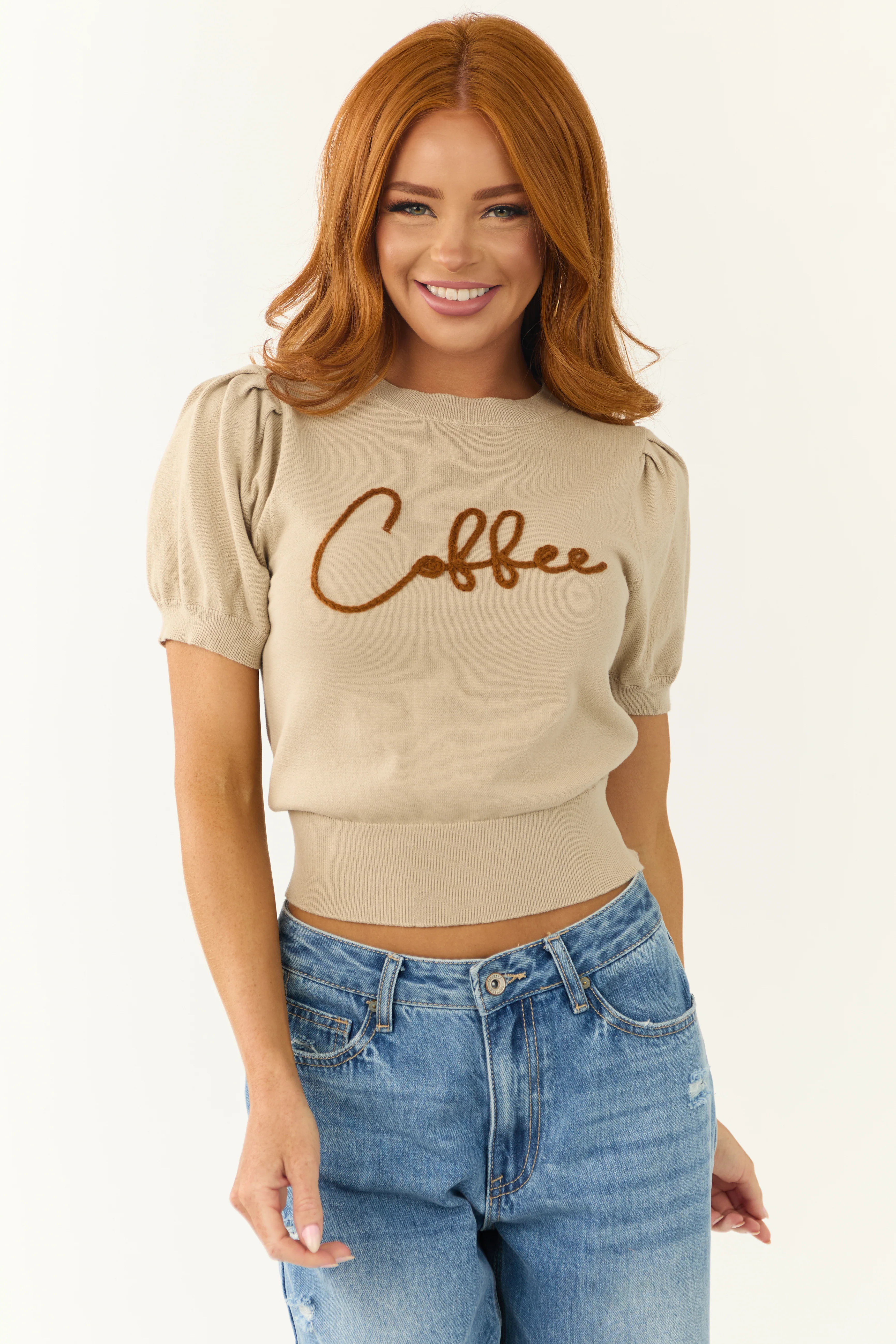 Oatmeal 'Coffee' Embroidered Short Sleeve Sweater - LD SALE