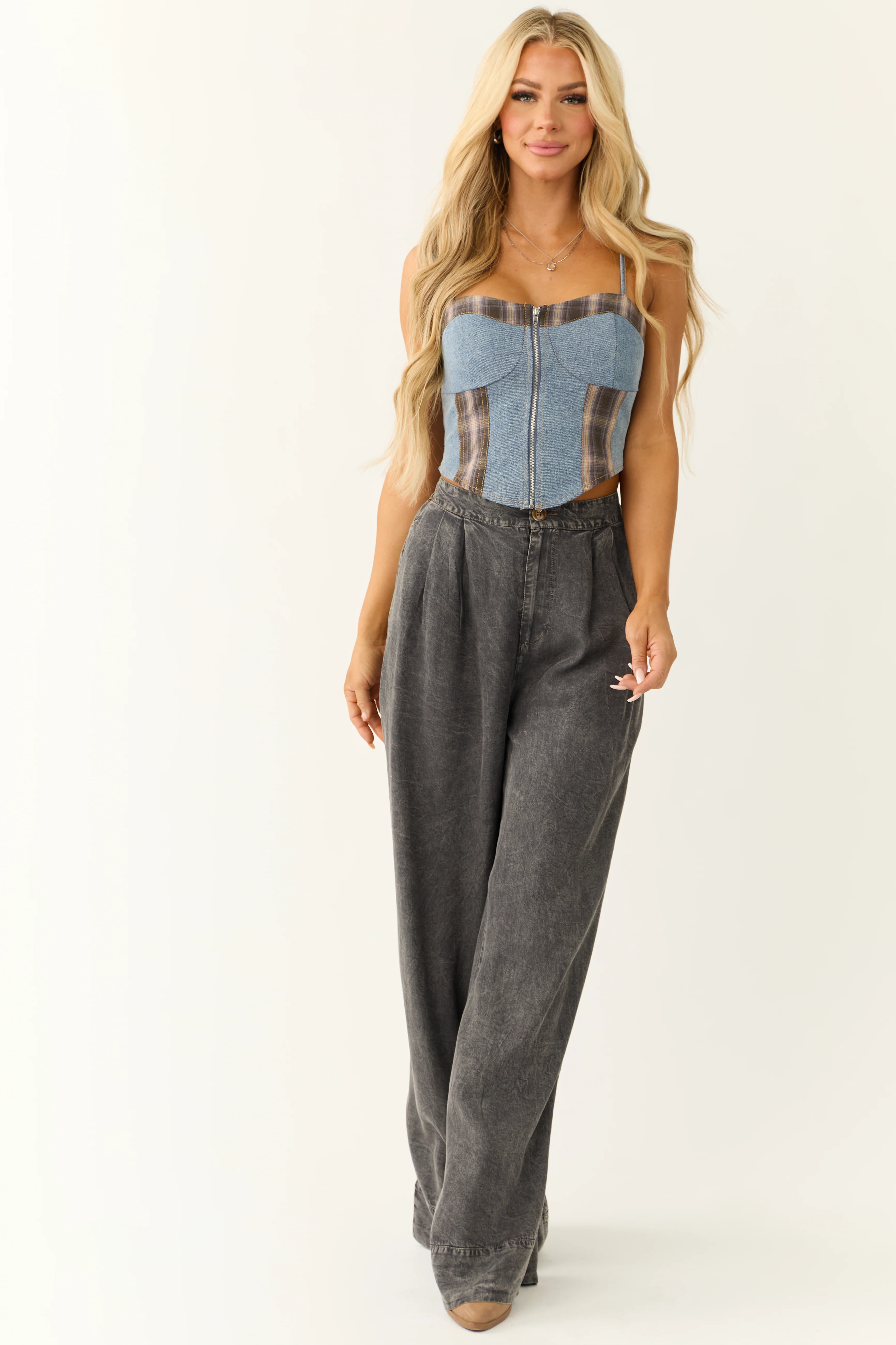 Medium Wash Denim Plaid Contrast Corset Top - LD SALE
